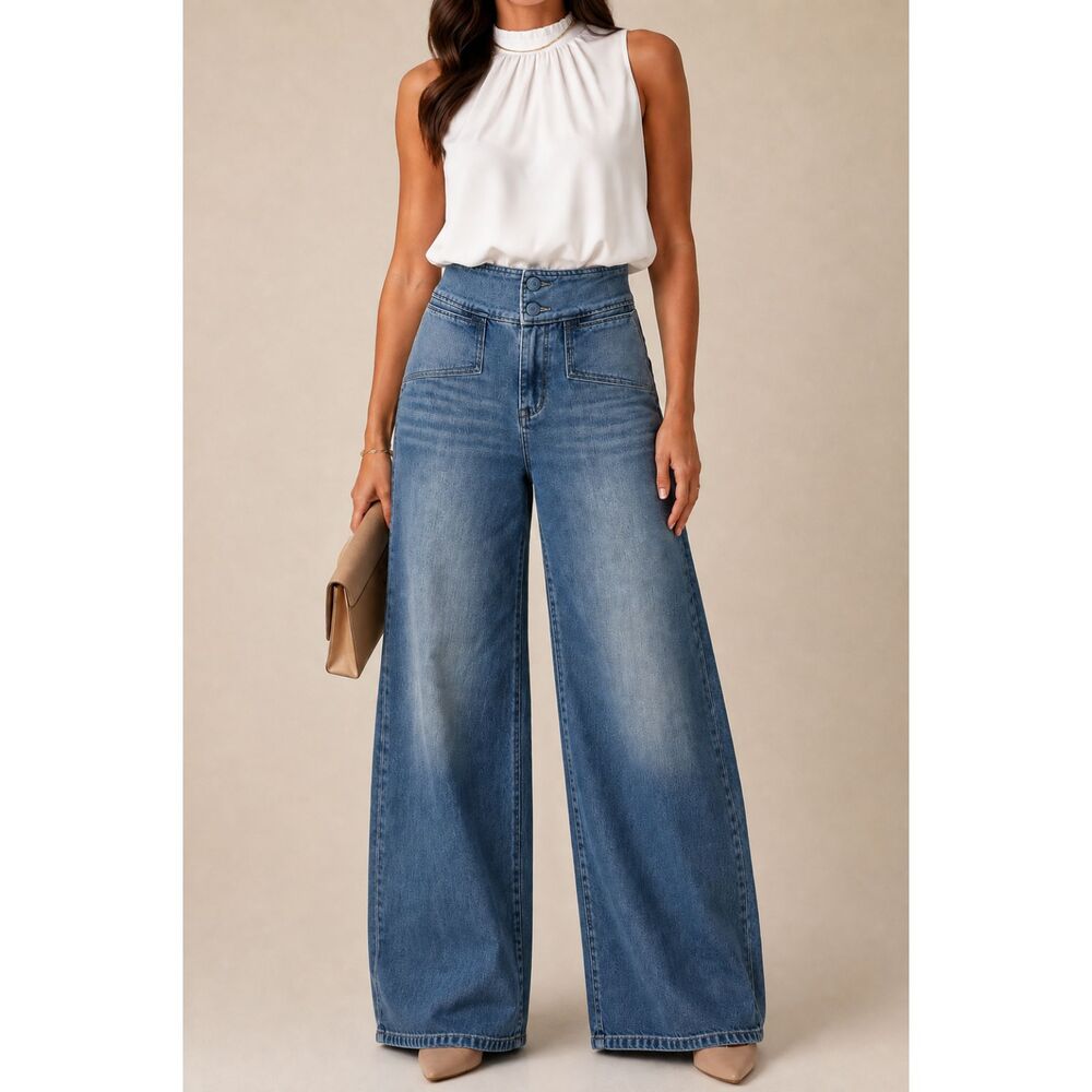 House of Harlow 1960 Womens 28 High Rise Wide Leg Jeans Blue Double Button Denim